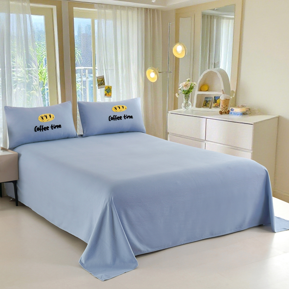 91家纺网 家纺一手货源 找家纺 恋之语 2025新款皱皱纱木棉毛巾绣四件套及单被套系列-乖乖狗 乖乖狗-天蓝