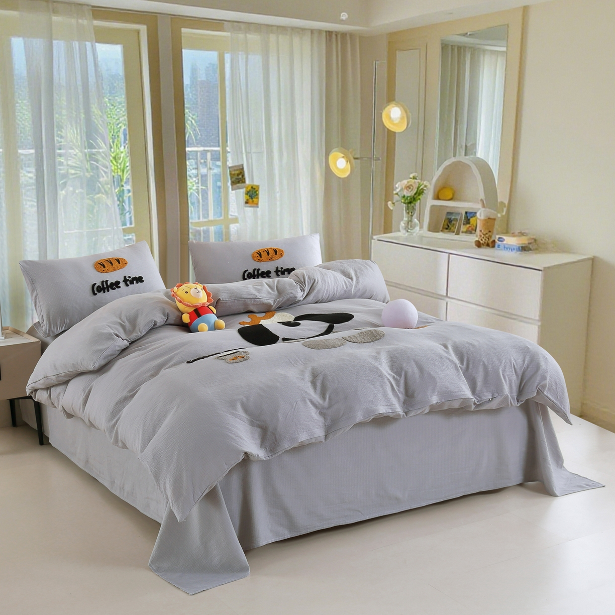 91家纺网 家纺一手货源 找家纺 恋之语 2025新款皱皱纱木棉毛巾绣四件套及单被套系列-乖乖狗 乖乖狗-浅灰