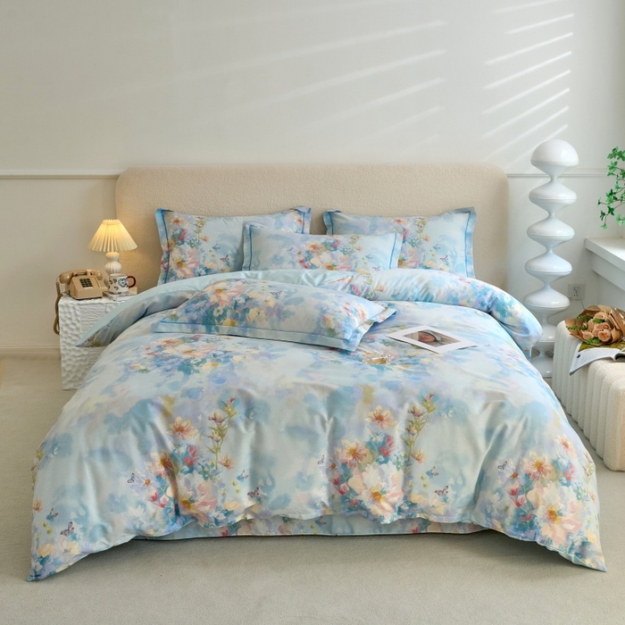 91家纺网 家纺一手货源 找家纺 三沁家居 2025新款全棉纯棉斜纹精梳长绒棉印花四件套 蝶舞纷飞