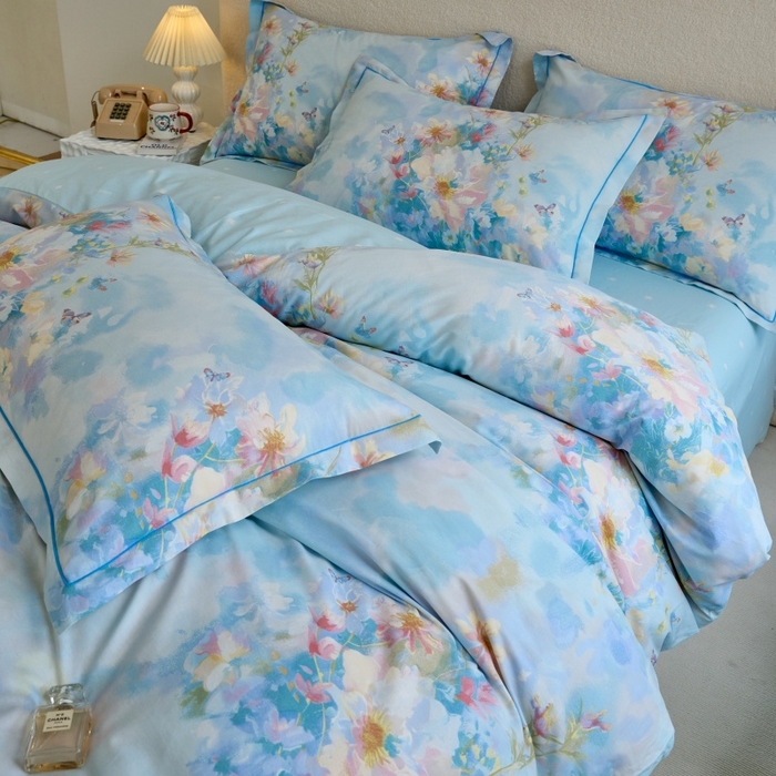 91家纺网 家纺一手货源 找家纺 三沁家居 2025新款全棉纯棉斜纹精梳长绒棉印花四件套 蝶舞纷飞