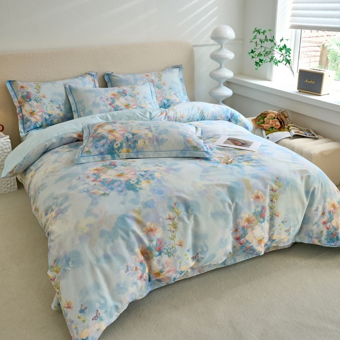 91家纺网 家纺一手货源 找家纺 三沁家居 2025新款全棉纯棉斜纹精梳长绒棉印花四件套 蝶舞纷飞