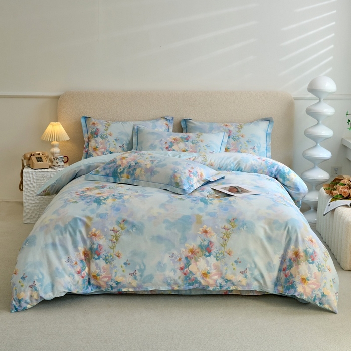 91家纺网 家纺一手货源 找家纺 三沁家居 2025新款全棉纯棉斜纹精梳长绒棉印花四件套 蝶舞纷飞