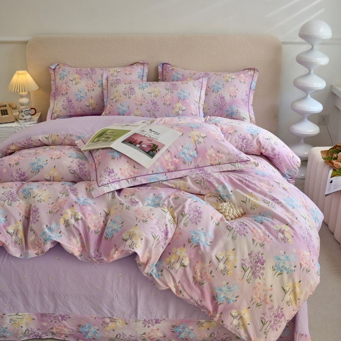 91家纺网 家纺一手货源 找家纺 三沁家居 2025新款全棉纯棉斜纹精梳长绒棉印花四件套 紫藤花蔓