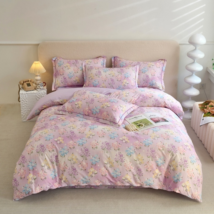 91家纺网 家纺一手货源 找家纺 三沁家居 2025新款全棉纯棉斜纹精梳长绒棉印花四件套 紫藤花蔓