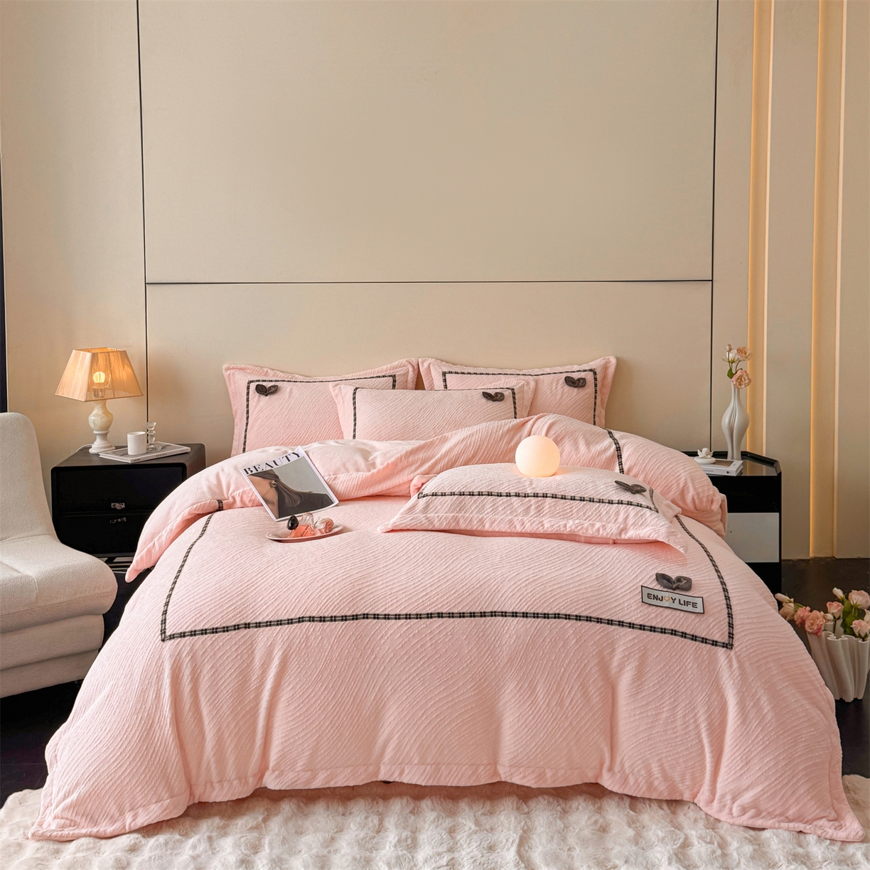 叠派家纺 2025新款高克重高端牛奶绒雕花织带工艺款梦巢系列四件套（直播热款）提供买家秀 梦巢-玉粉