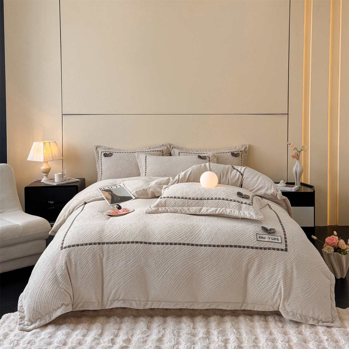 叠派家纺 2025新款高克重高端牛奶绒雕花织带工艺款梦巢系列四件套（直播热款）提供买家秀 梦巢-麦卡其