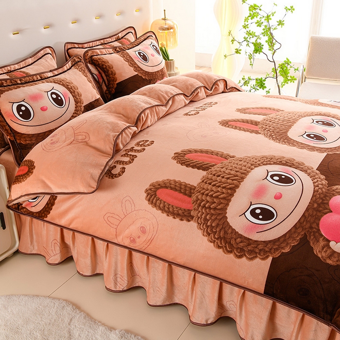 91家纺网 家纺一手货源 找家纺 晚静 2025新款7斤牛奶绒四件套金貂法莱绒床裙款保暖绒三件套 可爱拉布