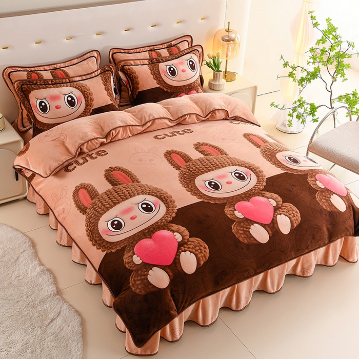 91家纺网 家纺一手货源 找家纺 晚静 2025新款7斤牛奶绒四件套金貂法莱绒床裙款保暖绒三件套 可爱拉布,可爱拉布