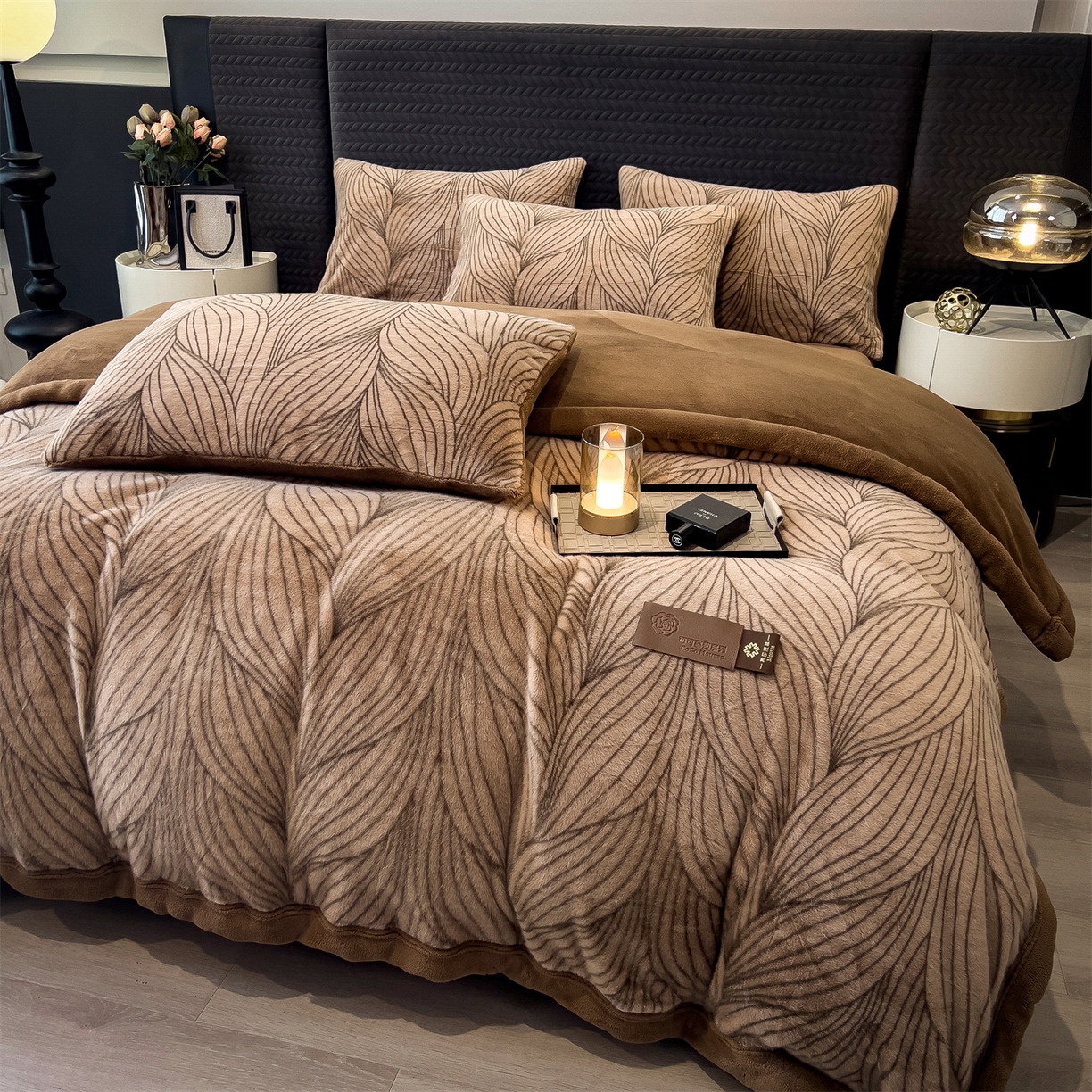 叠派家纺 2025新款A类轻奢款高克重高端水貂四件套可可慕莎系列（直播热款）提供买家秀 可可慕莎-金棕叶
