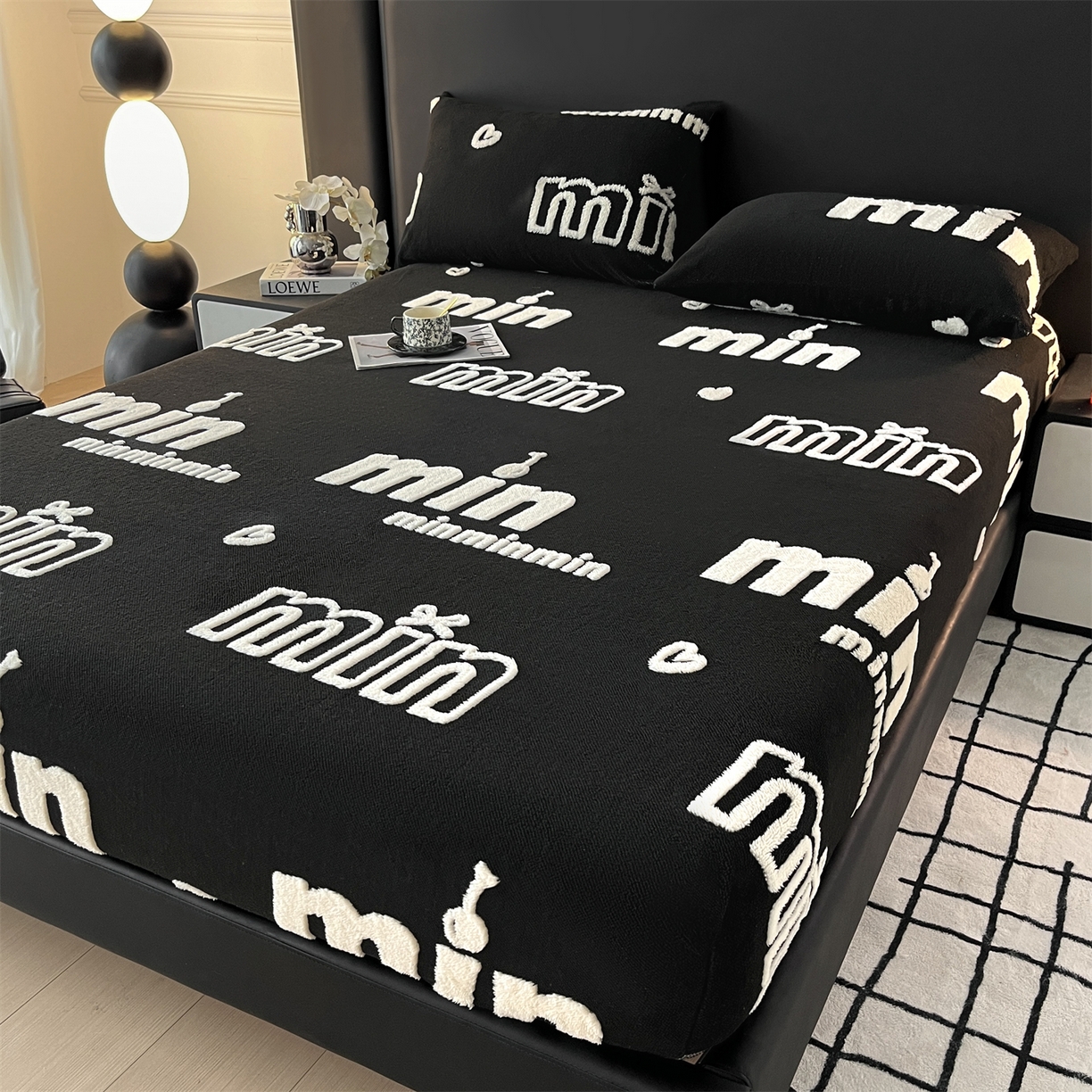 91家纺网 家纺一手货源 找家纺 叠派家纺 2025新款A类高克重云暮绒床笠款四件套(跨境专供首选）提供买家秀 云暮绒min床笠四件套-墨池黑