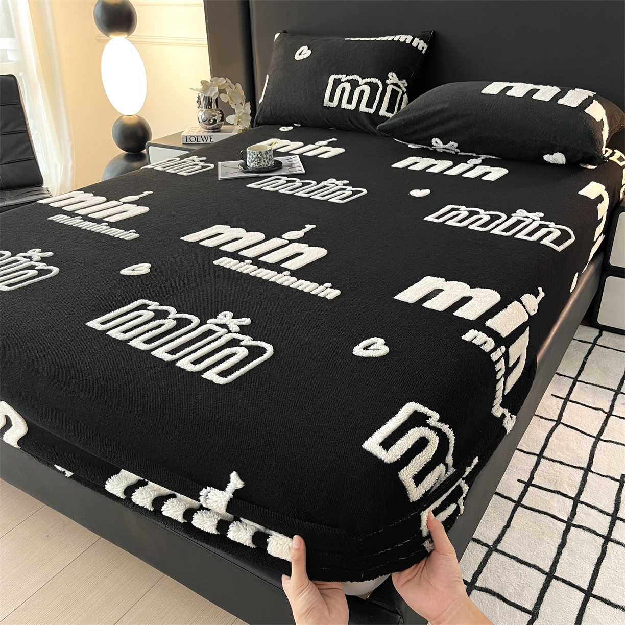 91家纺网 家纺一手货源 找家纺 叠派家纺 2025新款A类高克重云暮绒床笠款四件套(跨境专供首选）提供买家秀 云暮绒min床笠四件套-墨池黑