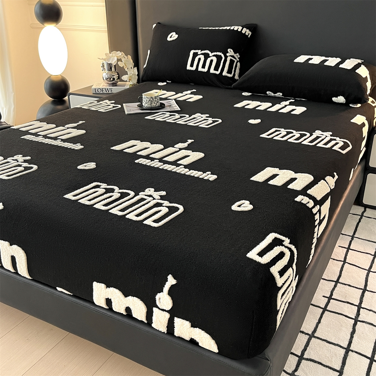 91家纺网 家纺一手货源 找家纺 叠派家纺 2025新款A类高克重云暮绒床笠款四件套(跨境专供首选）提供买家秀 云暮绒min床笠四件套-墨池黑