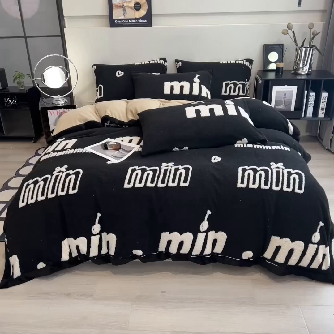 91家纺网 家纺一手货源 找家纺 叠派家纺 2025新款A类高克重云暮绒床笠款四件套(跨境专供首选）提供买家秀 云暮绒min床笠四件套-墨池黑