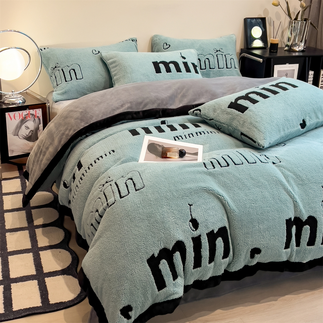 91家纺网 家纺一手货源 找家纺 叠派家纺 2025新款A类高克重云暮绒床笠款四件套(跨境专供首选）提供买家秀 云暮绒min床笠四件套-云朵蓝