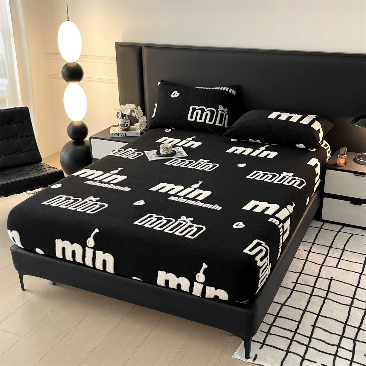 91家纺网 家纺一手货源 找家纺 叠派家纺 2025新款A类高克重云暮绒床笠款四件套(跨境专供首选）提供买家秀 云暮绒min床笠四件套-墨池黑