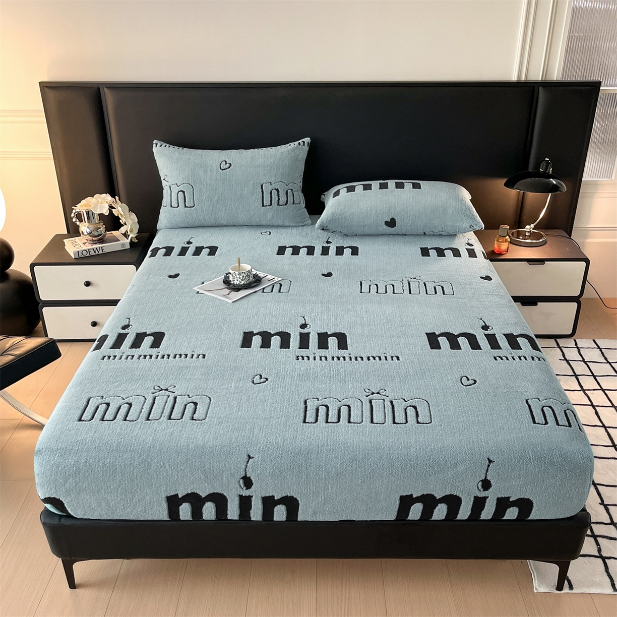 91家纺网 家纺一手货源 找家纺 叠派家纺 2025新款A类高克重云暮绒床笠款四件套(跨境专供首选）提供买家秀 云暮绒min床笠四件套-云朵蓝