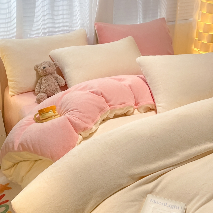 仔仔熊 2025新款牛奶绒纯色双拼四件套 黄色+粉色