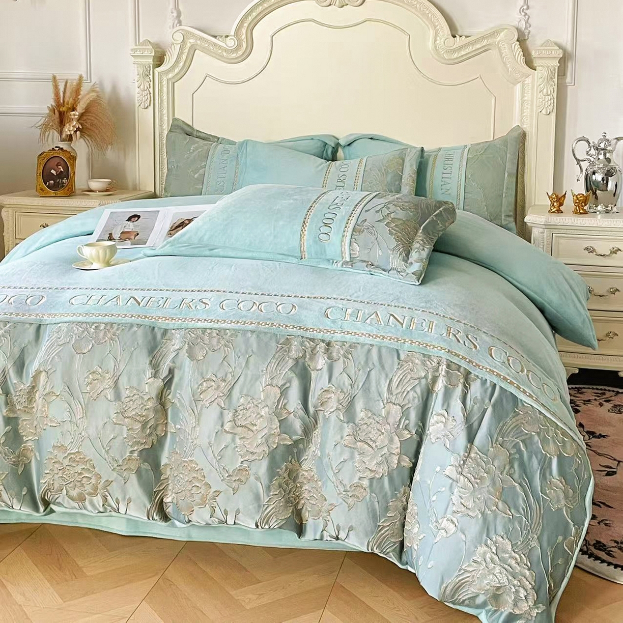 91家纺网 家纺一手货源 找家纺 置顶家纺 2025新款轻奢牛奶绒拼接刺绣四件套-戴安娜 戴安娜牛奶绒-繁星蓝