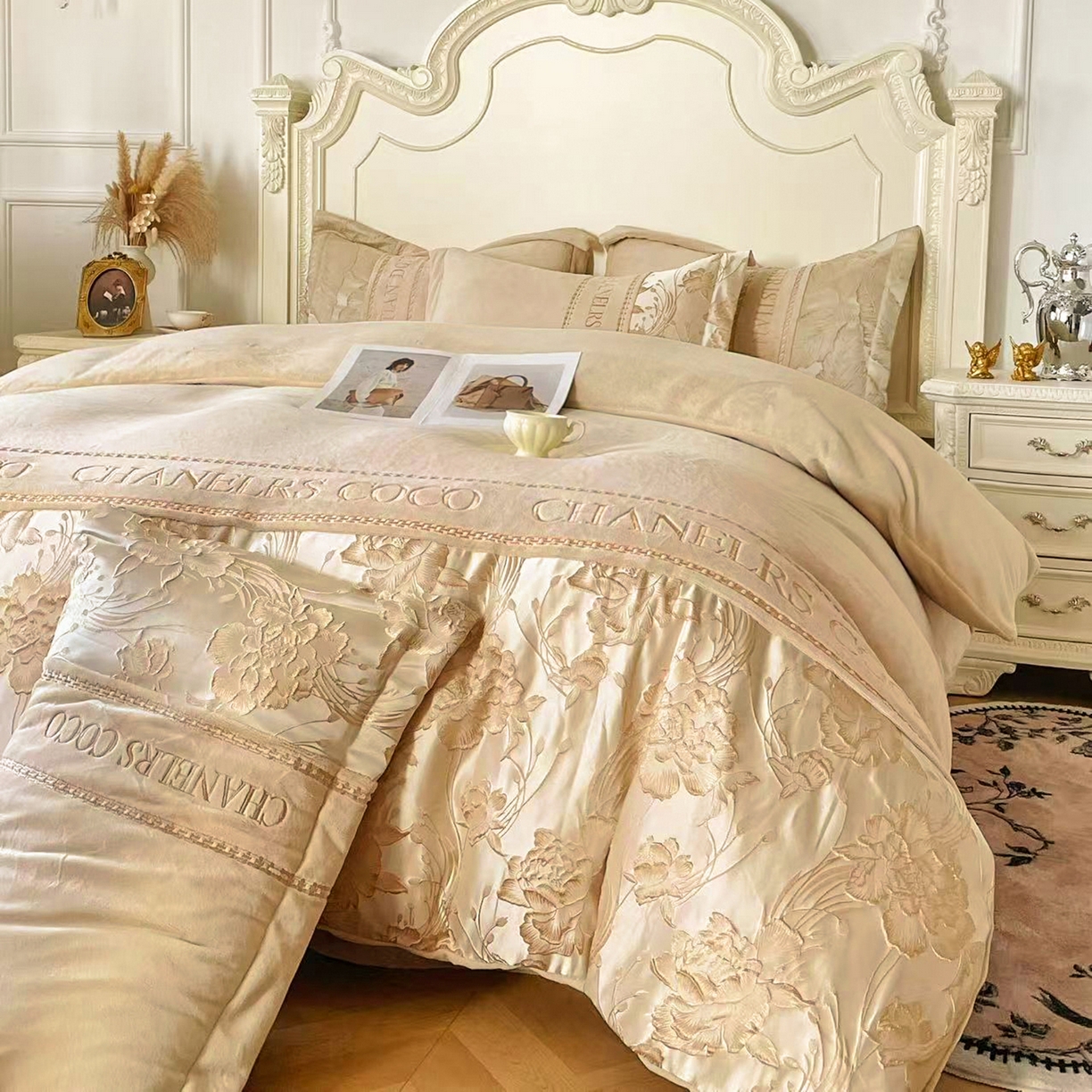 91家纺网 家纺一手货源 找家纺 置顶家纺 2025新款轻奢牛奶绒拼接刺绣四件套-戴安娜 戴安娜牛奶绒-卡其