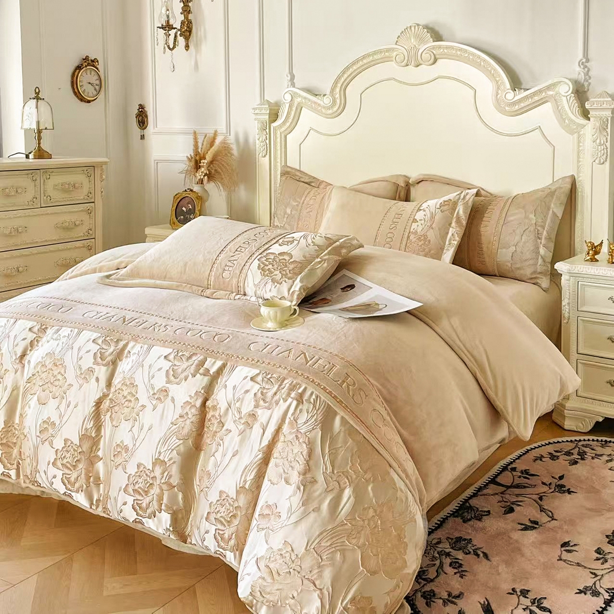 91家纺网 家纺一手货源 找家纺 置顶家纺 2025新款轻奢牛奶绒拼接刺绣四件套-戴安娜 戴安娜牛奶绒-卡其