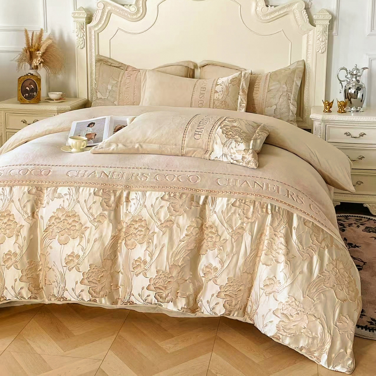 91家纺网 家纺一手货源 找家纺 置顶家纺 2025新款轻奢牛奶绒拼接刺绣四件套-戴安娜 戴安娜牛奶绒-卡其