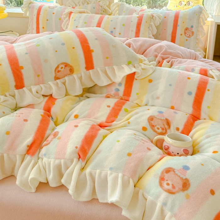 91家纺网 家纺一手货源 找家纺 瑞钰 2025新款韩版花边牛奶绒四件套 彩虹条条