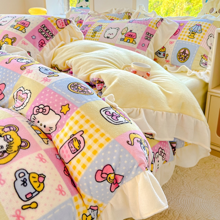 91家纺网 家纺一手货源 找家纺 瑞钰 2025新款韩版花边牛奶绒四件套 代表月亮