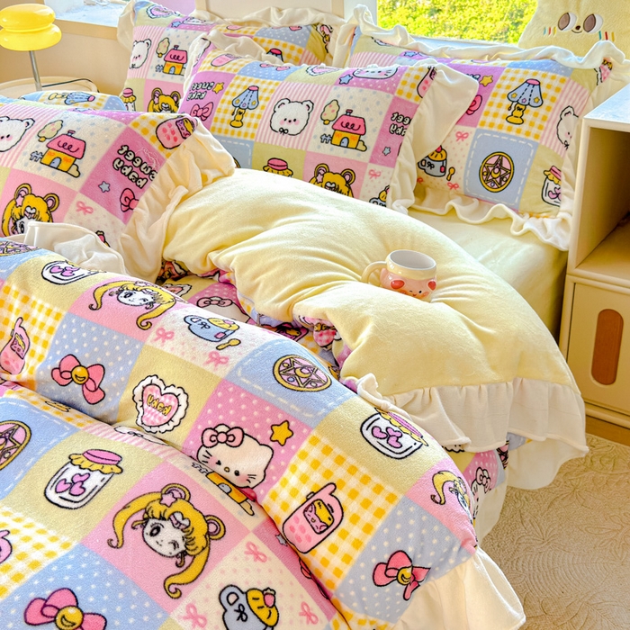 91家纺网 家纺一手货源 找家纺 瑞钰 2025新款韩版花边牛奶绒四件套 代表月亮