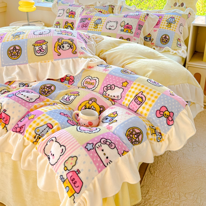 91家纺网 家纺一手货源 找家纺 瑞钰 2025新款韩版花边牛奶绒四件套 代表月亮