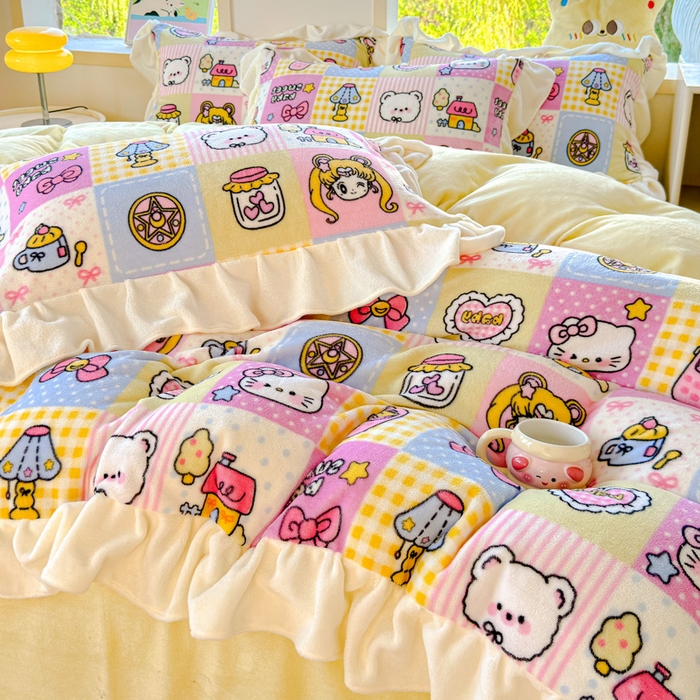 91家纺网 家纺一手货源 找家纺 瑞钰 2025新款韩版花边牛奶绒四件套 代表月亮