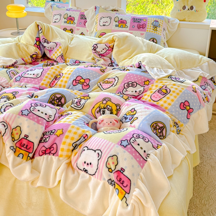 91家纺网 家纺一手货源 找家纺 瑞钰 2025新款韩版花边牛奶绒四件套 代表月亮