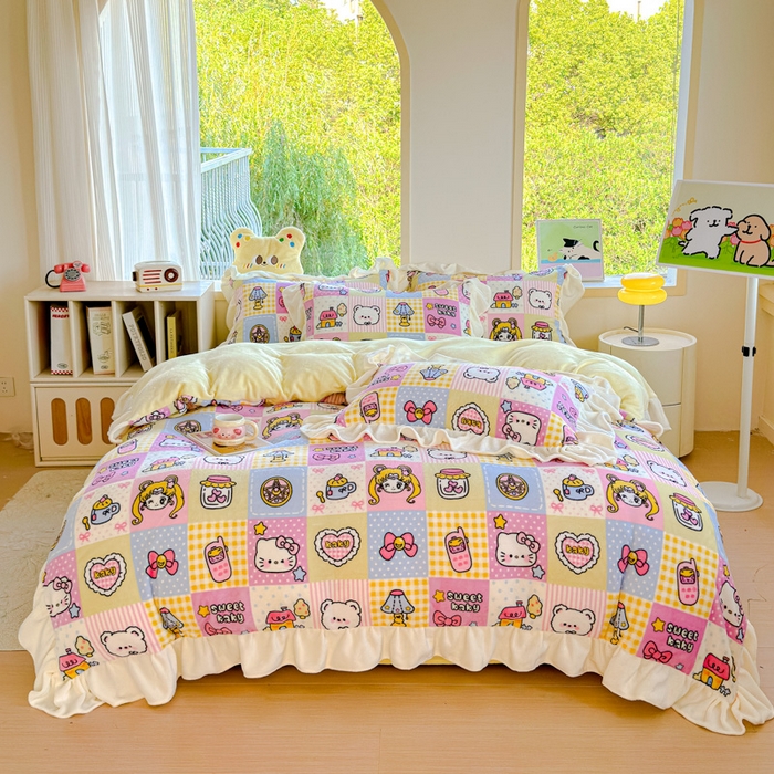 91家纺网 家纺一手货源 找家纺 瑞钰 2025新款韩版花边牛奶绒四件套 代表月亮