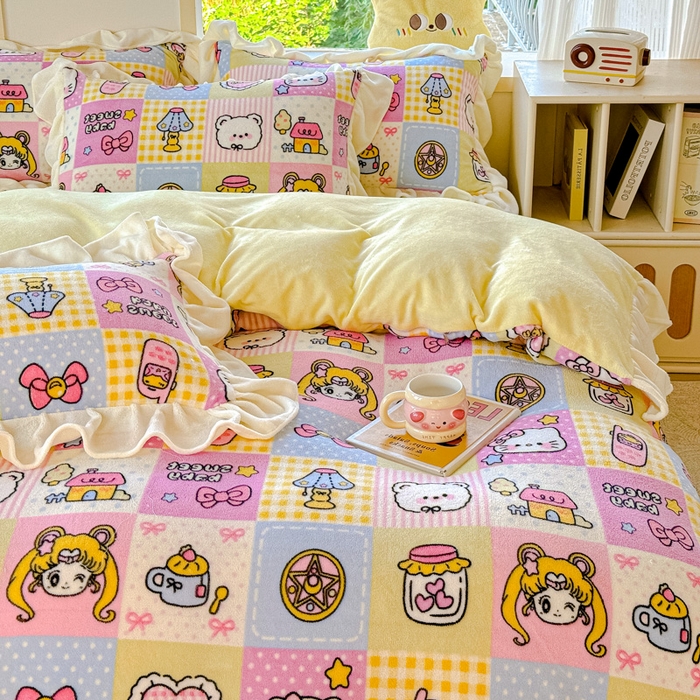 91家纺网 家纺一手货源 找家纺 瑞钰 2025新款韩版花边牛奶绒四件套 代表月亮