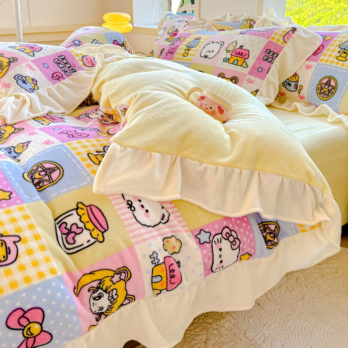 91家纺网 家纺一手货源 找家纺 瑞钰 2025新款韩版花边牛奶绒四件套 代表月亮