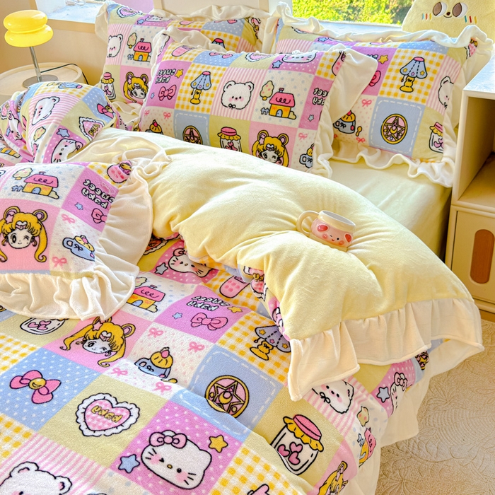 91家纺网 家纺一手货源 找家纺 瑞钰 2025新款韩版花边牛奶绒四件套 代表月亮