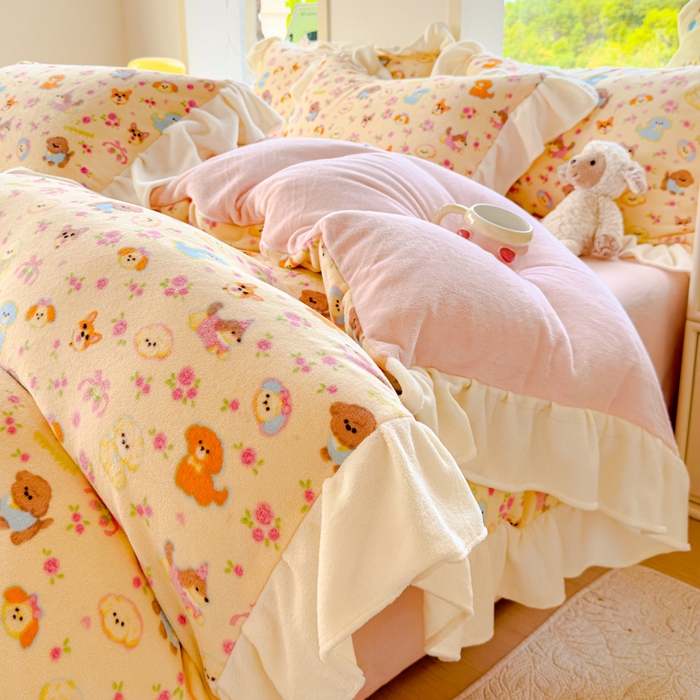 91家纺网 家纺一手货源 找家纺 瑞钰 2025新款韩版花边牛奶绒四件套 萌犬小队