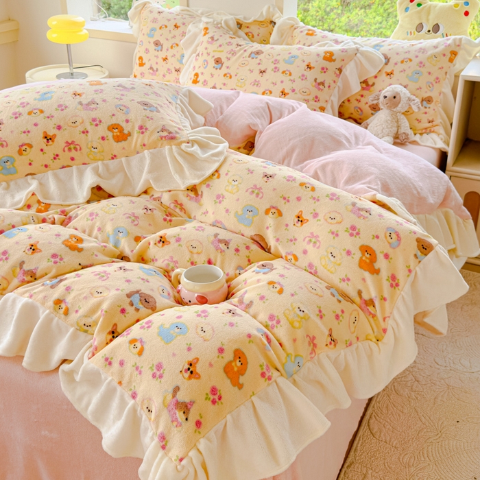 91家纺网 家纺一手货源 找家纺 瑞钰 2025新款韩版花边牛奶绒四件套 萌犬小队