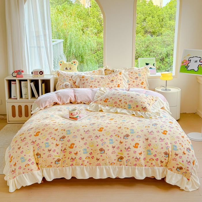 91家纺网 家纺一手货源 找家纺 瑞钰 2025新款韩版花边牛奶绒四件套 萌犬小队