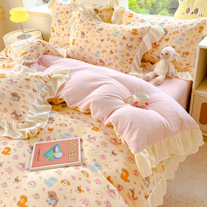 91家纺网 家纺一手货源 找家纺 瑞钰 2025新款韩版花边牛奶绒四件套 萌犬小队