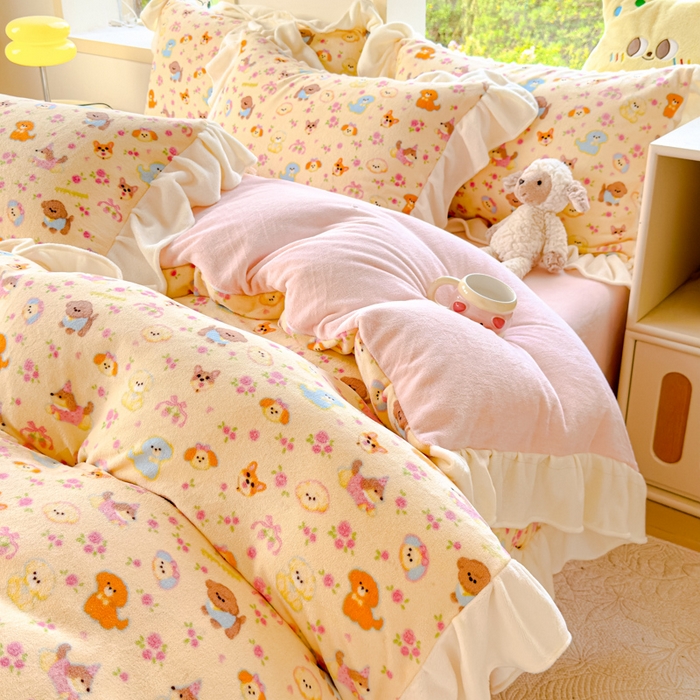 91家纺网 家纺一手货源 找家纺 瑞钰 2025新款韩版花边牛奶绒四件套 萌犬小队