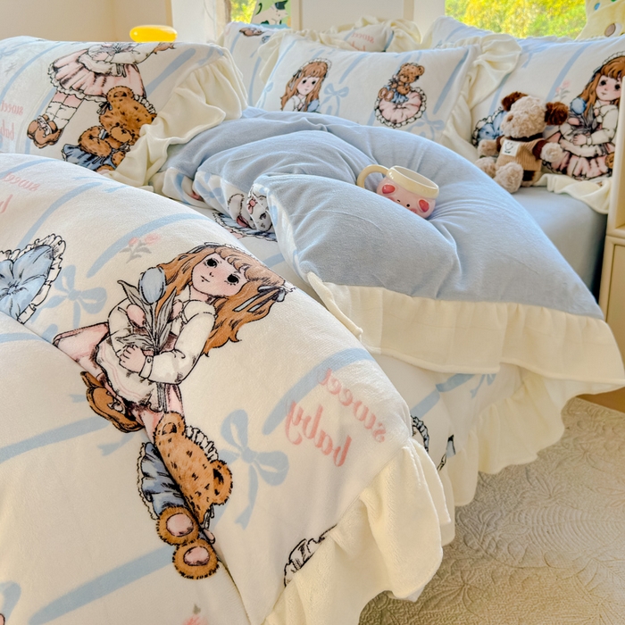 91家纺网 家纺一手货源 找家纺 瑞钰 2025新款韩版花边牛奶绒四件套 少女猫咪