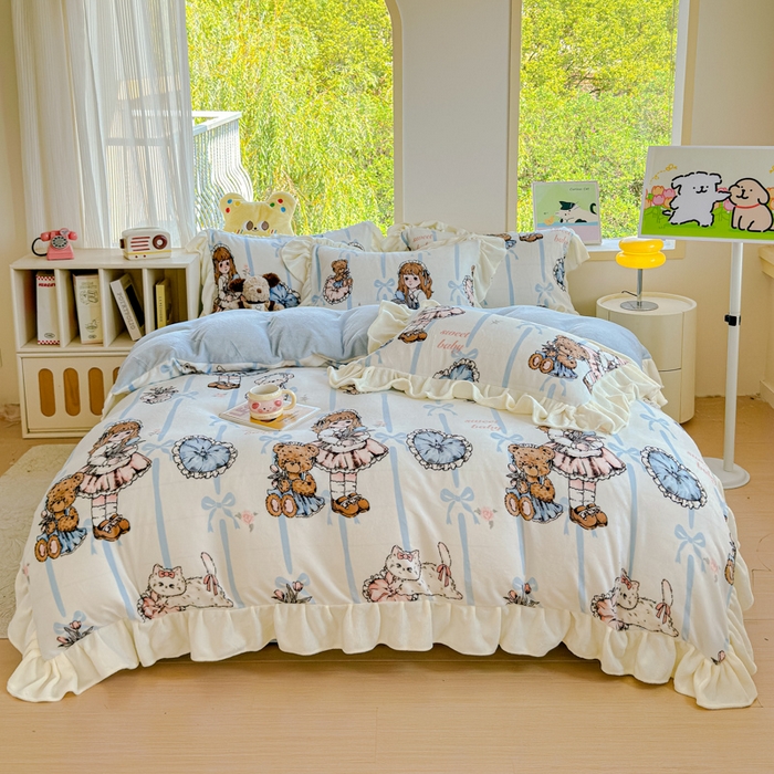 91家纺网 家纺一手货源 找家纺 瑞钰 2025新款韩版花边牛奶绒四件套 少女猫咪