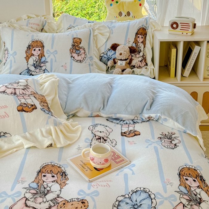 91家纺网 家纺一手货源 找家纺 瑞钰 2025新款韩版花边牛奶绒四件套 少女猫咪