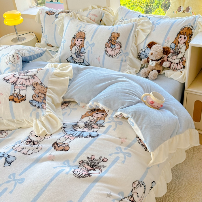 91家纺网 家纺一手货源 找家纺 瑞钰 2025新款韩版花边牛奶绒四件套 少女猫咪