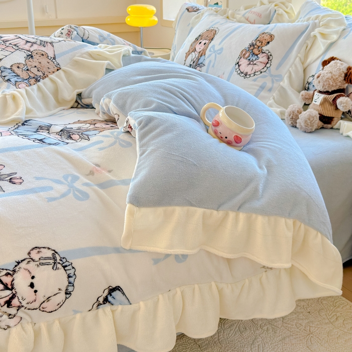 91家纺网 家纺一手货源 找家纺 瑞钰 2025新款韩版花边牛奶绒四件套 少女猫咪