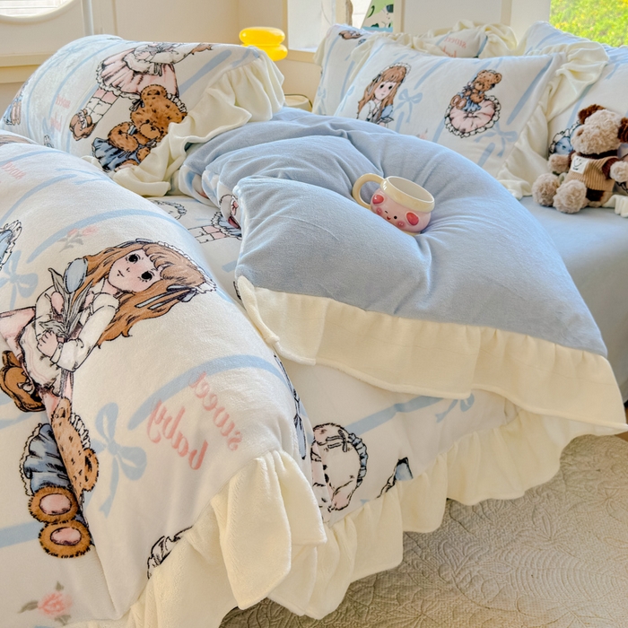 91家纺网 家纺一手货源 找家纺 瑞钰 2025新款韩版花边牛奶绒四件套 少女猫咪