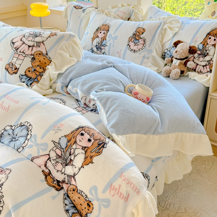 91家纺网 家纺一手货源 找家纺 瑞钰 2025新款韩版花边牛奶绒四件套 少女猫咪