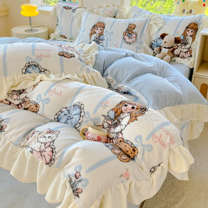 91家纺网 家纺一手货源 找家纺 瑞钰 2025新款韩版花边牛奶绒四件套 少女猫咪