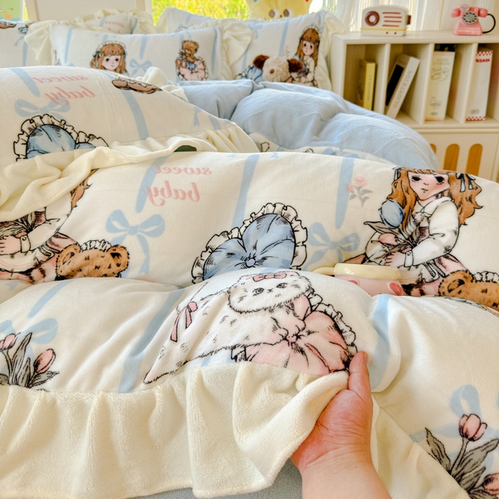 91家纺网 家纺一手货源 找家纺 瑞钰 2025新款韩版花边牛奶绒四件套 少女猫咪