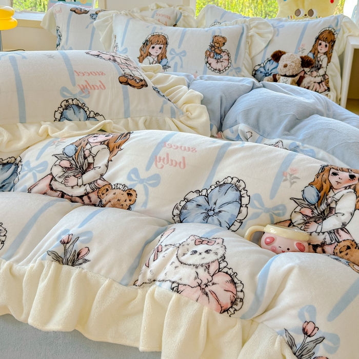 91家纺网 家纺一手货源 找家纺 瑞钰 2025新款韩版花边牛奶绒四件套 少女猫咪